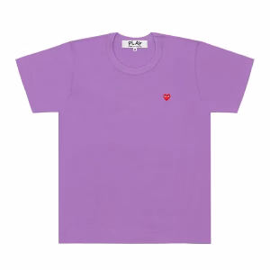 CDG Purple T-shirt with red mini heart on chest, flat lay