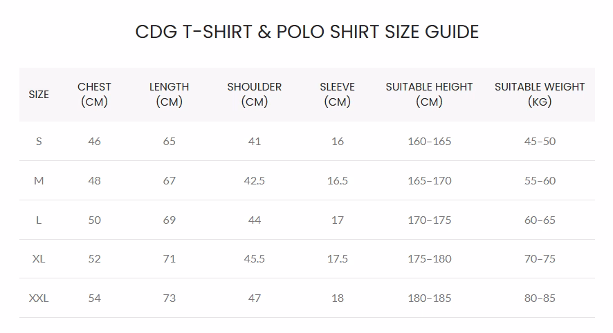 CDG T-Shirt & Polo Shirt Size Guide