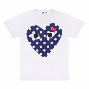 CDG White Polka Dots Printed Double Heart Tee featuring double hearts on a white polka dot base