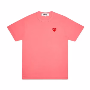 CDG Pink T-shirt with red mini heart on chest, flat lay