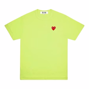 CDG Green T-shirt with red mini heart on chest, flat lay