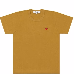 CDG Brown T-shirt with red mini heart on chest, flat lay