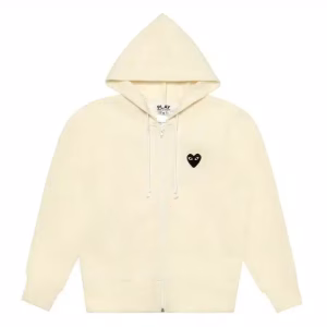 CDG Zip Up Cream Hoodie With Black Heart